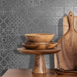 24-Pack of 8 x 8" Wallpaper Tiles for Kitchen Backsplash. Peel and Stick Backsplash in White and Silver Stone Mosaic Design. Renter Friendly Backsplash. Self Stick Paper Wall Tiles for Your Home