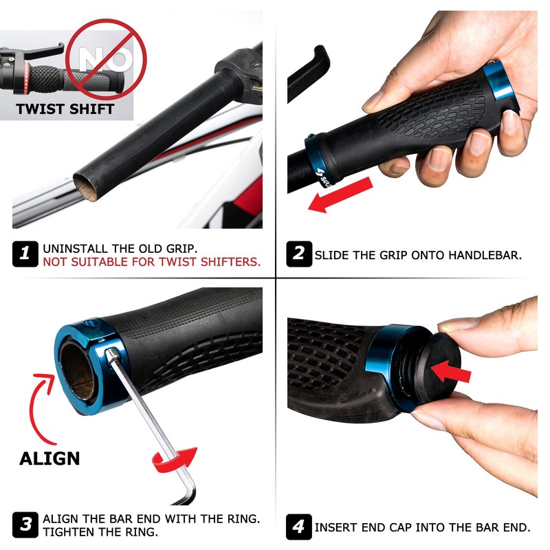 SAPLIZE Bike Handlebar Grips, Ergonomic Design, PR02 (Black, Blue Rings)