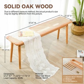 Towood Lifee Entryway Bench, Solid Wood Dining Bench, Midcentury Modern End of Bed Bench with Rattan Woven Top for Bedroom, Kitchen, Entry Way, 47.2" L x 11.2" W x 17.7" H, Natural