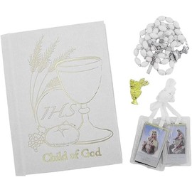 First Communion Gift Set | Black or White | Child of God Book | Rosary | Scapular | Pin | Comes with Convienant Carrying Case (White)