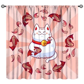 Japanese Noren Curtains, Lucky Cat Kitchen Window Curtain Oriental Style Traditional Red Carp Good Luck Window Treatments for Kitchen Living Room Bedroom, 42x45 Inch (No Blackout)