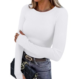 White Long Sleeve Shirts for Women Fleece Thermal Winter Clothing for Women with Thumb Holes Crewneck Womens Tops Trendy M