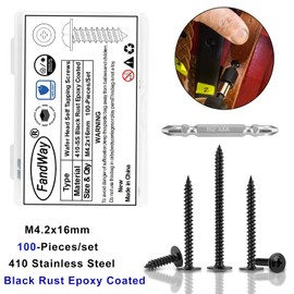 FandWay 100Pcs Wafer Head Self Tapping Screws Black,M4.2x16mm Wood Screws 410 Stainless Steel,Modified Truss Head Self Drilling Screw,Sheet Metal Screw Phillips Drive for Aluminum WoodWork Plastics.