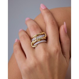 PAVOI 14K Gold Plated Mixed Metal Two Tone Stackable Ring for Women | Double Band Cubic Zirconia Interlocking Stackable Ring | Size 7