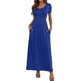 HAOMEILI Women's Short Sleeve Loose Plain Long Maxi Casual Dresses with Pockets XL Royal Blue