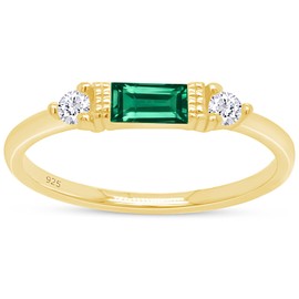 AFFY Baguette Cut Simulated Emerald And White Cubic Zirconia In 14K Yellow Gold Plated 925 Sterling Silver Three Stone Design Bridal Engagement Wedding Ring Jewelry For Women Size -7
