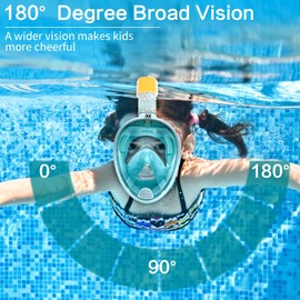 mizikuu Kids Snorkel Mask Full Face, 180 - Degree Panoramic View Free Breathing Design Snorkeling Set Full Face Snorkel Mask Anti - Fog Anti - Leak Safe Breathing Snorkeling Set to Youths (Green)