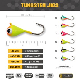ALPHA and OMEGA - Tungsten Jig KIT (12 Jigs) (7mm / Hook #8 Long Shank) Ultra Glow & UV Ice Fishing Jigs Lures Trout Crappie Perch Bluegill Bass Whitefish Walleye (Pack of 12)