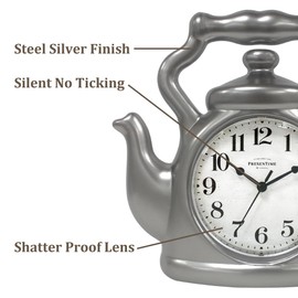 Presentime & Co. 11" Teapot Clock, Silent Non Ticking, Modern Farmhouse Style, Wall & Mantel 2 in 1 Clock, Desk & Shelf Clock, Steel Silver Finish (Wall Deocration/Home Decoration/Tabletop Décor)