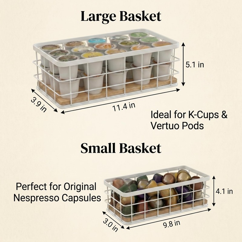 2-Pack White Coffee Pod Holder Basket with Wooden Base -
