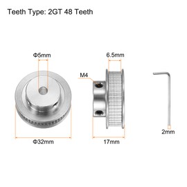 sourcing map 2 x 2GT Pulley 48 Teeth 5 mm Bore 32 mm Diameter Aluminium Timing Belt with 2 mm Hex Key for 6 mm Wide Belt 3D Printer CNC Machine Accessories Silver Tone