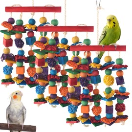 DBNESS Bird Toys, 3PCS Parrot Foraging Hanging Toy, Multicolored Natural Wooden Blocks Parakeet Chewing Toys mit Rattan Wicker Balls, for Medium Small Cockatoos Budgie Lovebird Cockatiel Conure