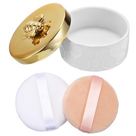 SUMTree Ceramic Body Powder Puffs and Container, Dusting Powder Container with 2 Puffs for Women, Empty Talcum Box for Baby, 10.8 * 10.8 * 7cm, 1 Pink & 1 White Puffs, Golden Bee Lid