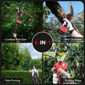 4-in-1 Cordless Pole Saw & Mini Chainsaw & Pruning Shear, Electric Pole Saw with 2 x 21V 4000mAh Batteries, 6-Inch Cutting with Angle Adjustable, 13.7-Foot MAX Pole Chainsaw for Tree Trimming