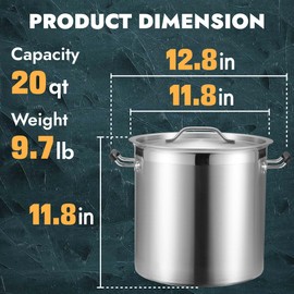 CURTA 20 Quart Large Stock Pot with Lid, NSF Listed, 3-Ply 18/8 Stainless Steel Cooking Pot, Commercial Cookware for Soup, Stew & Sauce, Riveted Silicone Handle