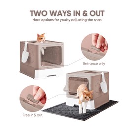 Medario Cat Litter Box with X-Large Litter Mat and Scoop, Large Foldable Litter Box with Lid, Enclosed Kitty Box,Front Top Entry Exit, Odor Control Easy to Clean (Upgrade Coffee)