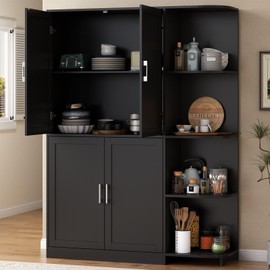 Loomie Kitchen Pantry Storage Cabinet, 64" Tall Freestanding Cupboard with Doors & Adjustable Shelves, Food Pantry Cabinet with 5-Tier External Shelf for Dining Room, Living Room (Black)