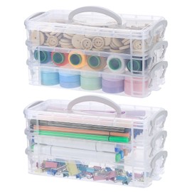 QWORK® 2Pcs 3 Tier Clear Plastic Storage Boxes, Storage Box with Handles and Lids, Portable Pencil Cases and Office Supply Organizers, for Home, School, Office