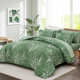 Green Branch Comforter Set King Size, 7 Piece Botanical Pattern Bed in a Bag with Sheet Set, Microfiber Down Alternative Reversible Olive Green Bedding Set for All Season (104''x90'')