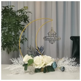 ElodieAu Ramadan Kareem Decorations, Moon Shaped Wreaths Table Top Decor with Castle Sign, Eid Ramadan Mubarak Metal Rings Floral Home Ornaments, for Desktop Fireplace Office Bedroom Party Supplies