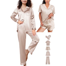 WJing Yi Jia 6Pcs Womens Silk Satin Pajamas Set XS-XXL Pajama Sets Pjs Set Button Down Pj Sets Sleepwear Loungewear Pale Champagne