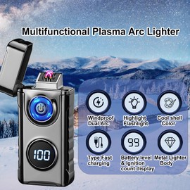 Electric Lighters Plasma Lighters Rechargeable with with LED LED Display and LED Emergency Lights Windproof USB Rechargeable Lighter Cool Lighte for Candle,Camping,Gift(Black)