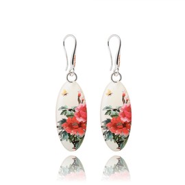 Handmade Long Thin Flower Oval Dangle Earrings Jewellery for Women (White Red)