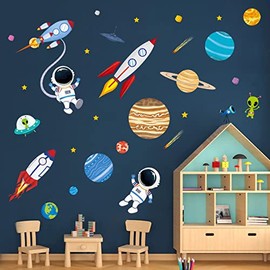 Decalmile - Calcomanías de pared para el espacio exterior, planetas de cohetes, astronautas, calcomanías de pared para bebé, cuarto de juegos, decoración de pared