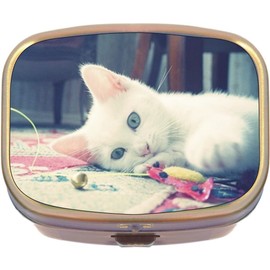 White Cat Brass Rectangle Pill Box