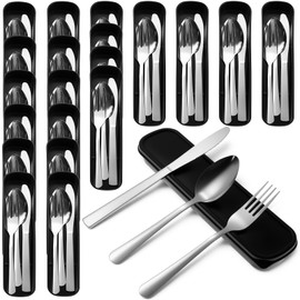 Lothee 20 Pack Travel Utensils with Case Reusable Stainless Steel Silverware Bulk Camping Cutlery Set Include Forks Knives Spoons for Work Picnic Travel and Lunchboxes, Dishwasher Safe, Black