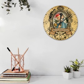 12 Inch Silent Non-Ticking Wall Clocks Battery Operated Old Time Santa Wall Decor for Patio Antique Elf Santa Claus Modern Round Wooden Wall Clock Country for Garden Girls Room