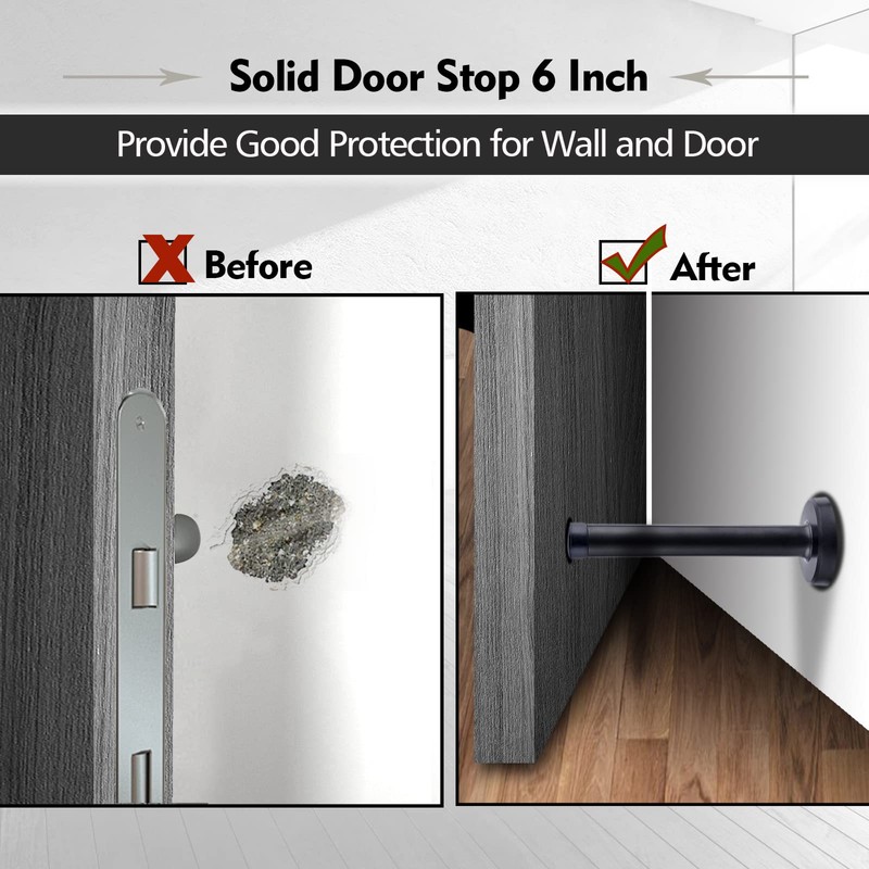 Door Stops, 6 Inch Long Door Stopper, Wall Mount, Black
