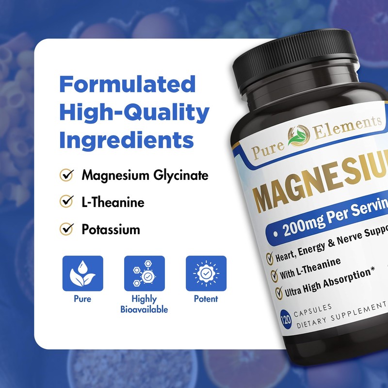 Pure Organic Elements Magnesium Glycinate with L-Theanine,Potassium and Black peper