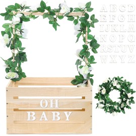 Barydat Wooden Baby Shower Crate Closet, Baby Basket with Handle and Garland Storage Crate Hamper Baby Shower Wooden Gift Crate Letters Self Adhesive for Pregnancy New Parent (Wood Color)