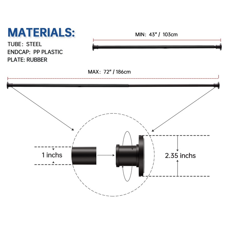 BRIOFOX Industrial Shower Curtain Rod - Never Rust Non-Slip 43-72