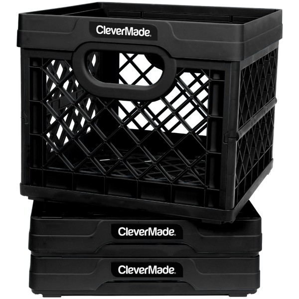CleverMade Plastic Collapsible Milk Crates - 25L, Pack of 3 in Black - Stackable Storage Bins, Holds 50lbs Per Bin - Clevercrates are Heavy Duty, Collapsible Storage Crate for Multi Purposes