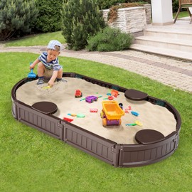 Costzon Kids Sandbox with Cover, Detachable Built-in Seating, Bottom Liner, Weather Resistant Outdoor Sandbox Kit, Child Outdoor Sand Pit for Backyard Lawn Garden Beach, Elliptical
