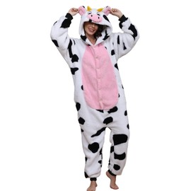 chuangminghangqi One Piece Pyjamas Women's Long Winter Onesie Animal Costume Adult Costume Jumpsuit Women's Cuddly Pyjamas Fleece Onesie Clothing with Hood, Pink Cow