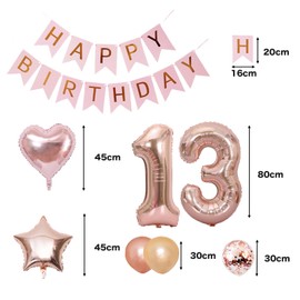 13th Birthday Balloons, Balloons, Decoration Set, Number Balloons, 13, Happy Birthday Garland, Heart Balloons, Confetti Balloons, Birthday Balloons, For Adults, Girls, Rose Pink