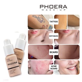 Phoera® Full Coverage Foundation, Primer, Setting Powder and MISKEEN Makeup Brush Soft Matte Oil Control Concealer 30ml Long Lasting Flawless Cream Smooth Aquapurity (104 BUFF BEIGE)