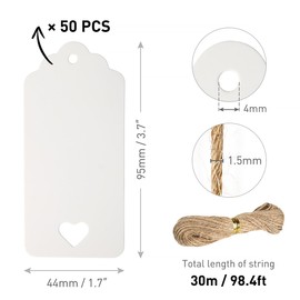 FOMGIIN Kraft Paper Gift Tags, 50 Pcs White Gift Tags for Crafts and Easter Christmas Lovely Labels Heart Wedding Hollow Favour Name Tags (50 Pcs White Tag with 30M Jute Twine String)