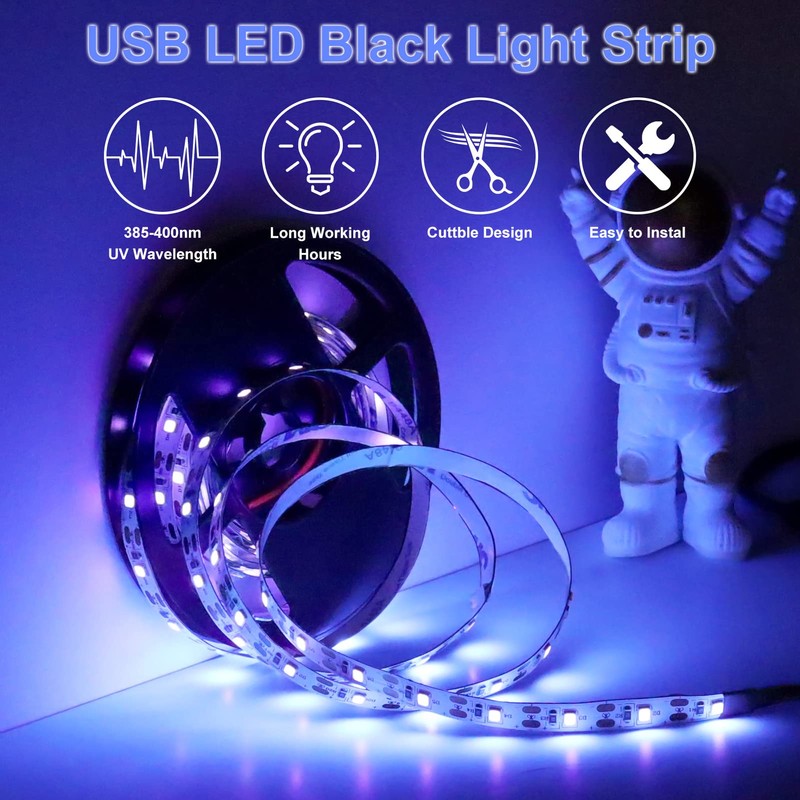 YGS-Tech 16.4FT UV Black Light LED Strip, 3528 385nm-400nm USB