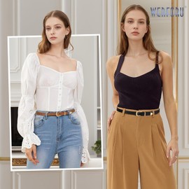 WERFORU 2 Pack Women's Skinny Leather Belts Faux Leather Thin Waist Belts with Gold Buckle Black+Brown