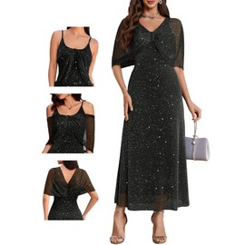 BeryLove Women Sequin Formal Party Dress Sparkly Cocktail Evening Prom Gown Wedding Guest Dresses with Shawl 0033 Black M