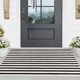 Rustaa Black and Beige Front Door Mat Outdoor Cotton Welcome Mat Outdoor Farmhouse Layered Mat Washable Stripe Outdoor Mats for Entrance Front Door Porch Balcony(2x4.2ft)