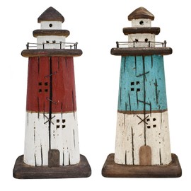Aecipl Nautical Decor Wooden Lighthouse Beach Themed Ornaments Coastal Ocean Decoration Decorative Wood Light HouseTable Centerpiece Tower Lights Figurine for Shelf Fireplace Tabletop (Blue + Red L)