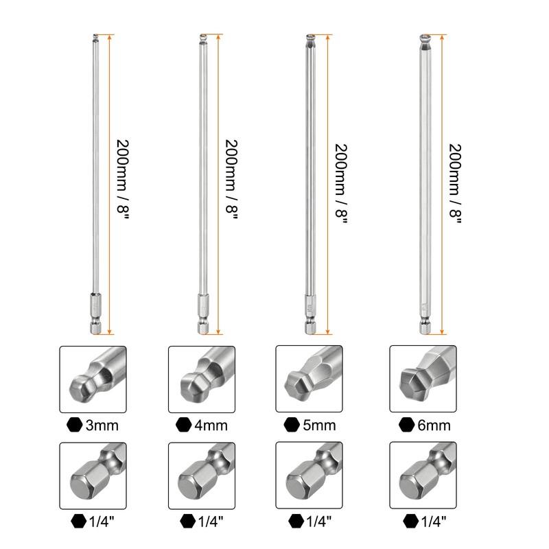 sourcing map 4pcs Ball End Hex Screwdriver Bit Set 3mm-6mm