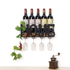 Wall Mounted Metal Wine Rack 4 Long Stem Glass Holder & Wine Cork Storage by Soduku