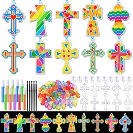 Sonwyoung 30 Sets Cartoon Cross Suncatchers Craft Kits, Christian DIY Glow in The Dark Suncatcher Kits Bulk Religious Stained Glass Window VBS Paint Art for Sunday School Easter Art Party Favors