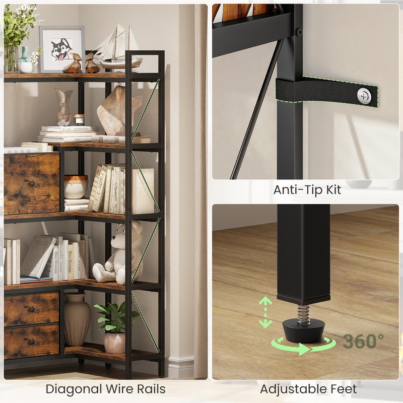 CHOEZON Corner Bookshelf, 5-Tier L-Shaped Bookcase with Drawers and Storage